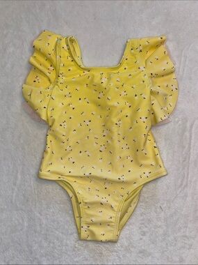 George Yellow Flutter Sleeve Baby Swimsuit with Dainty Floral Print
